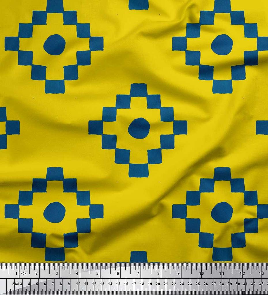 Soimoi Yellow Japan Crepe Satin Fabric Diamond Geometric Printed Craft Fabric by the Metre 42 Inch