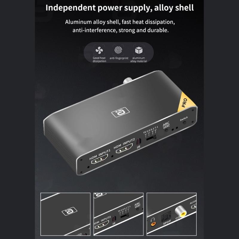 8k HDMI2.0b Audio Extractor 2 In 1 Out Switcher eARC Splitter 7.1CH DSTHD AUX Coaxial Optical DAC Decoding CEC HDCP