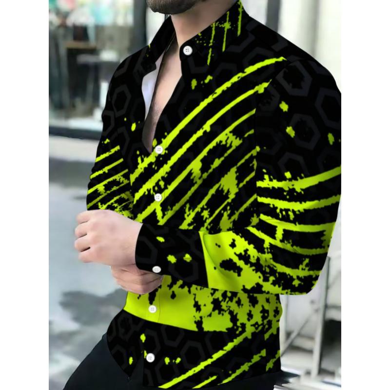 Men's Printed Long Sleeve Button Down Shirts Turn Collar Nightclub Casual Camisas Hombre Plus Size Streetwear Fashion Top