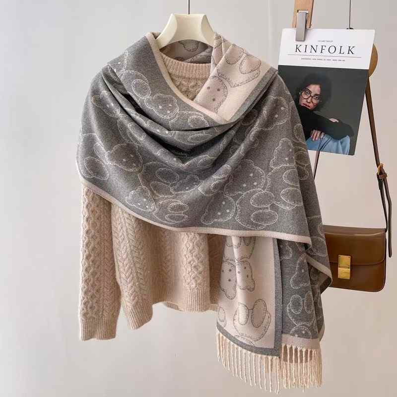 Women's Cute Bear Printed Faux Cashmere Scarf with Tassel Korean Style Versatile Warm Shawl for Winter