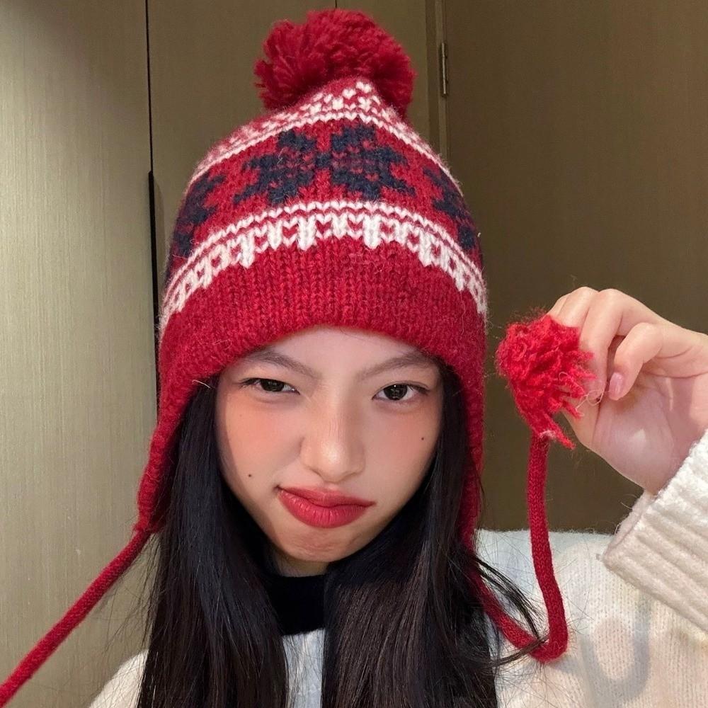 Warm Knitted Pullover Hat Korean Style Beanies Cap Sweet Jacquard Woolen Hat Autumn