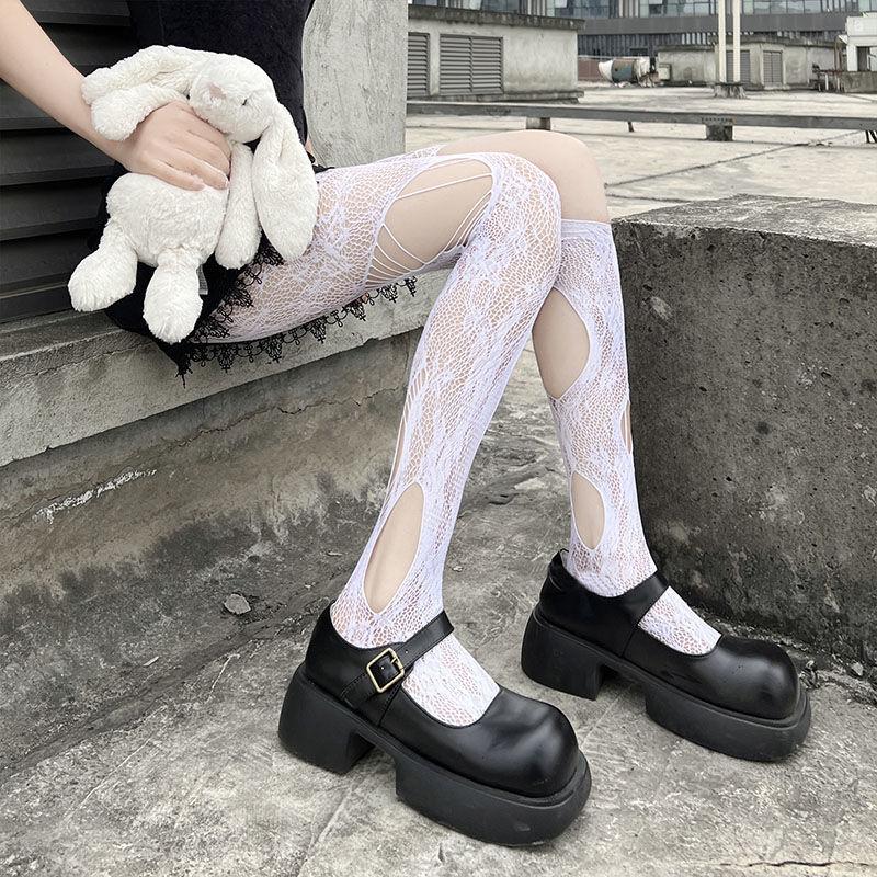 Zerrissene Fischgrät-Strumpfhose mit Loch für Damen, Gothic, unregelmäßig, freiliegende Haut, Strumpfhose, Punk, Y2K, Ausgeschnitten, Retro, Sexy Seidenstrümpfe One Size gray