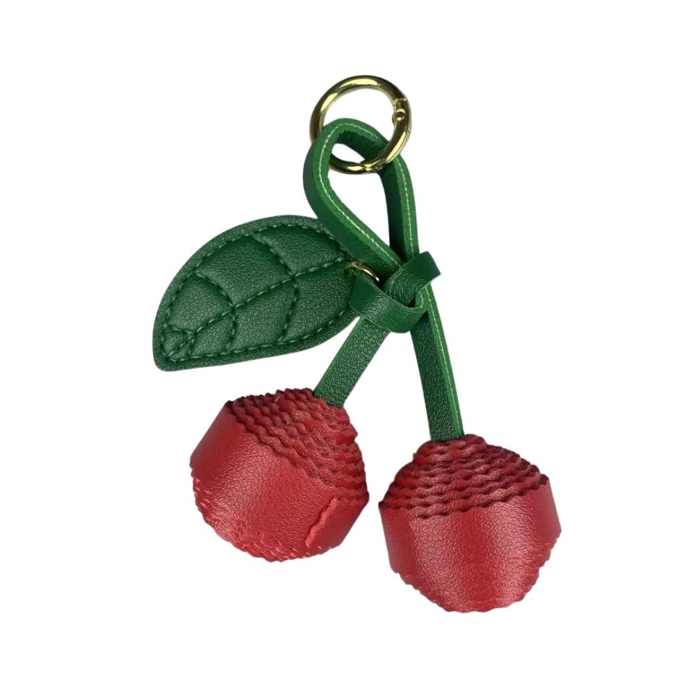 Textured Leather Cherry Keychain – Handcrafted Bag Charm with Layered Flesh Detailing, Unique & Stylish Accessory for Bags!