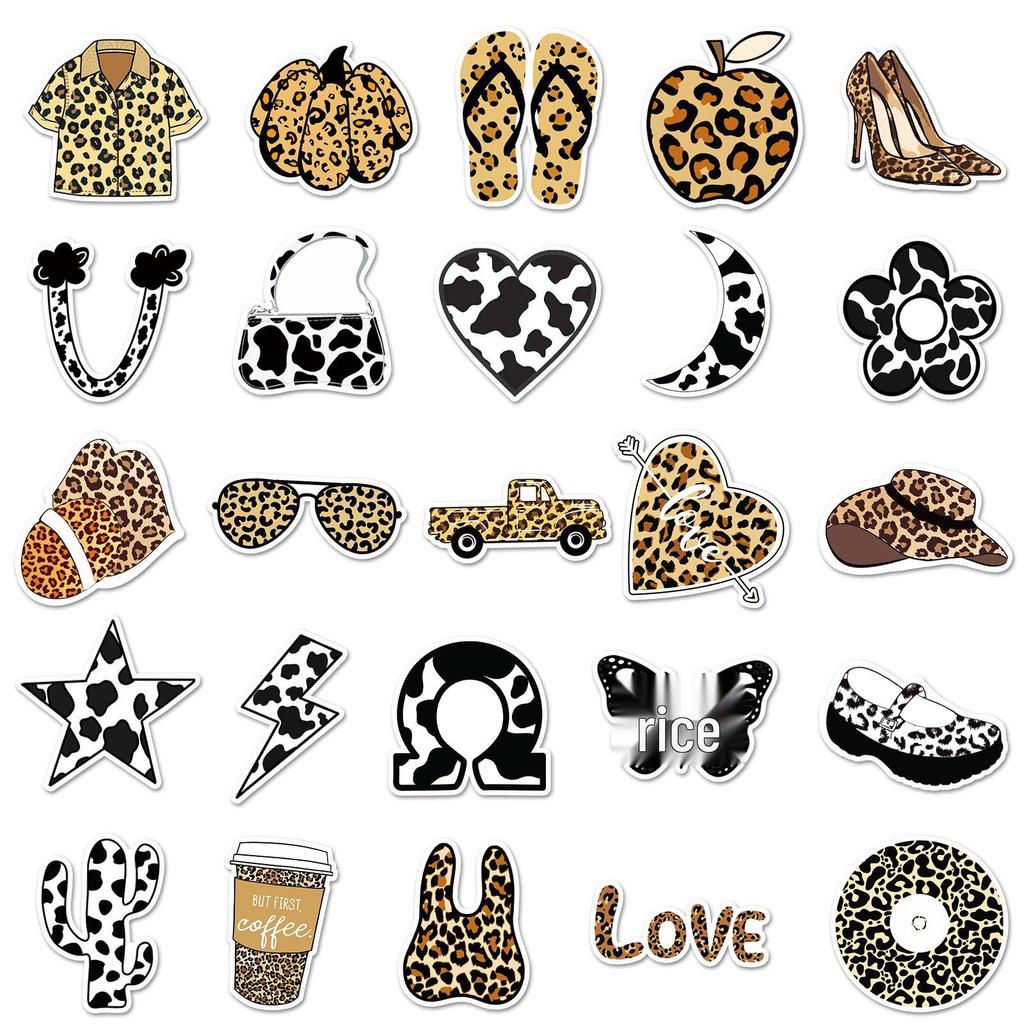 50 Leopard & Cow Print Graffiti Stickers: Waterproof Decorative Set for Phone Cases, Water Bottles, Suitcases