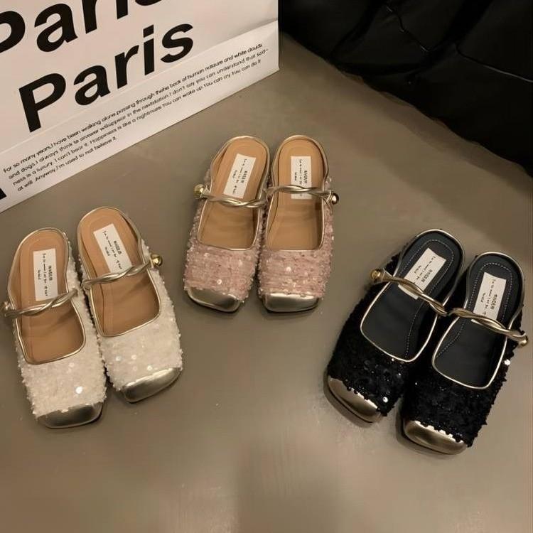 Sequined Silver Bag Head Half Slippers Spring and Summer Temperament Mary Jane Single Shoes Flat Mullers
