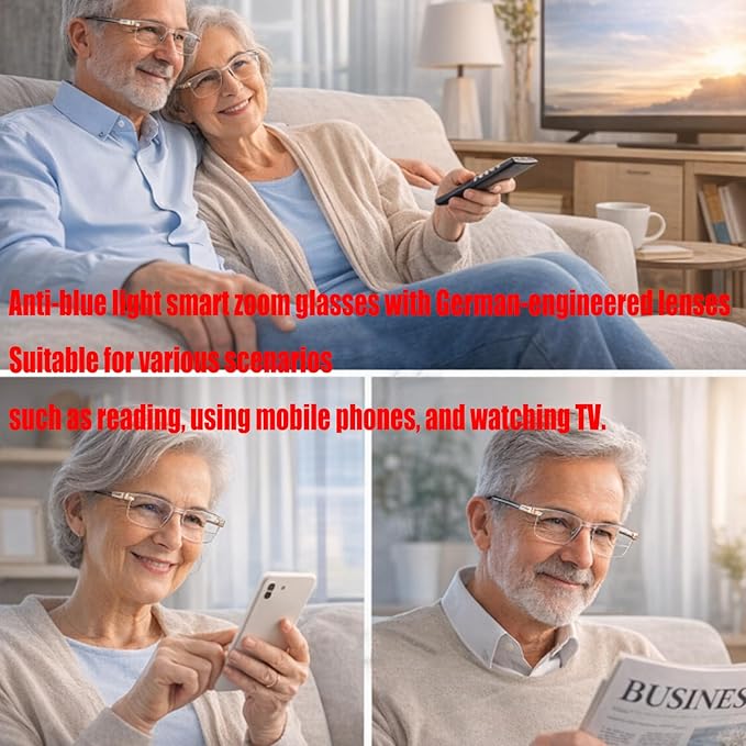 Smart Zoom Blue‑Light Blocking Eyeglasses with Automatic Near‑and‑Far Dual‑Focus Adjustment, Gold Color 3PCS