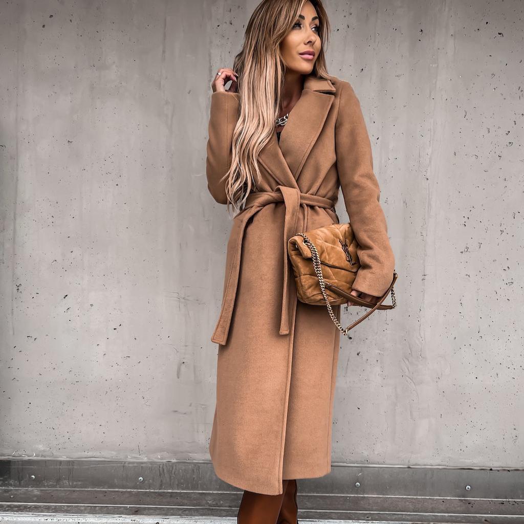 Autumn and winter simple long-sleeved V-neck straps woolen jacket top women's clothing