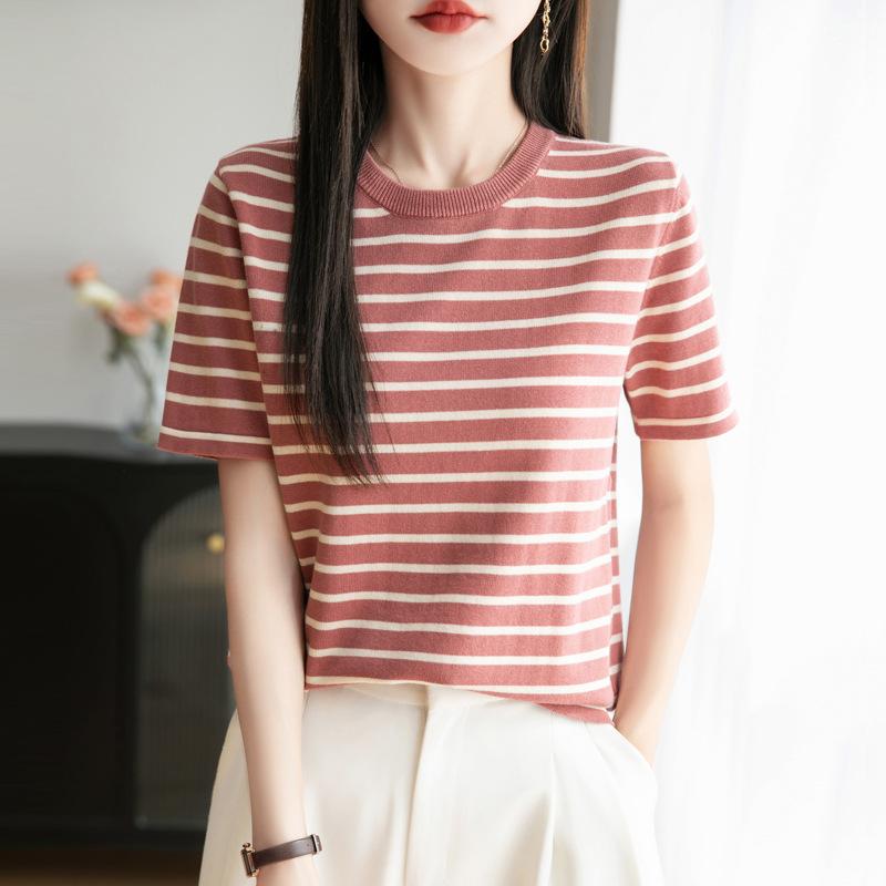 Xia Xin Korean Version of Pure Cotton Fashion Round Neck Short-sleeved Women's Versatile and Thin Striped T-shirt Comfortable and Breathable Top
