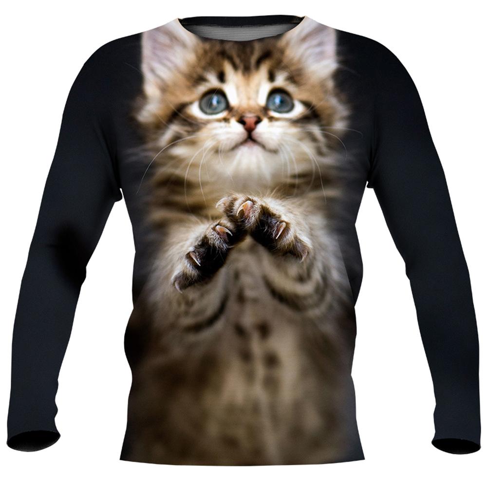 Cute Cat Print Imitation Cotton Long Sleeve Men's T-shirts Spring O-Neck Casual Loose Tee Streetwear Unisex Clothing EU Size 5XL