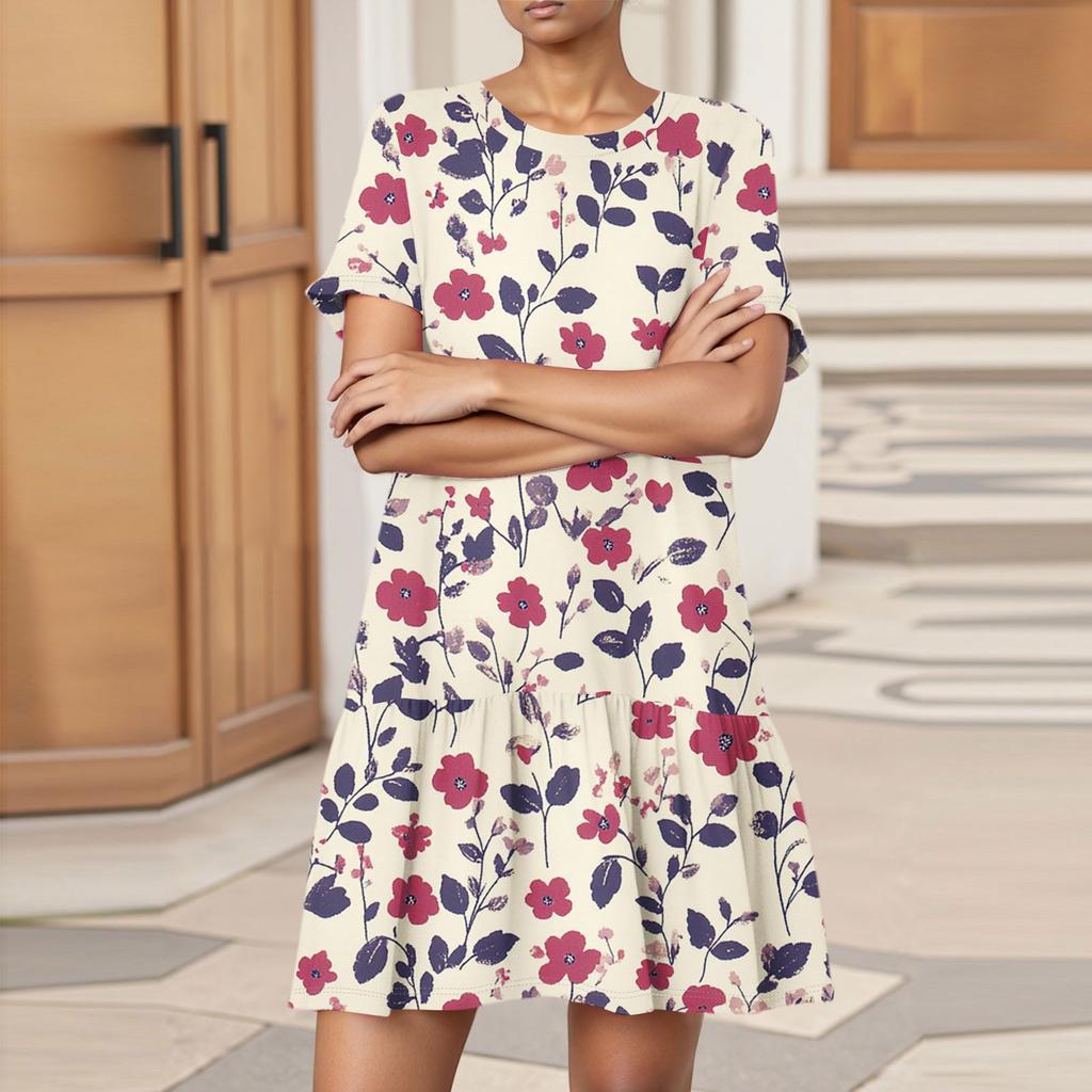 Damska Moda Casual Sukienka z Okrągłym Dekoltem i Krótkim Rękawem z Nadrukiem Liści i Kwiatów