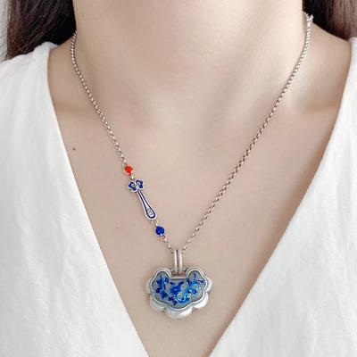 Original   Faceted Blue Orchid Enamel Ruyi Necklace For Women Charms Exquisite Pendant Clavicle Chain Banquet Jewelry