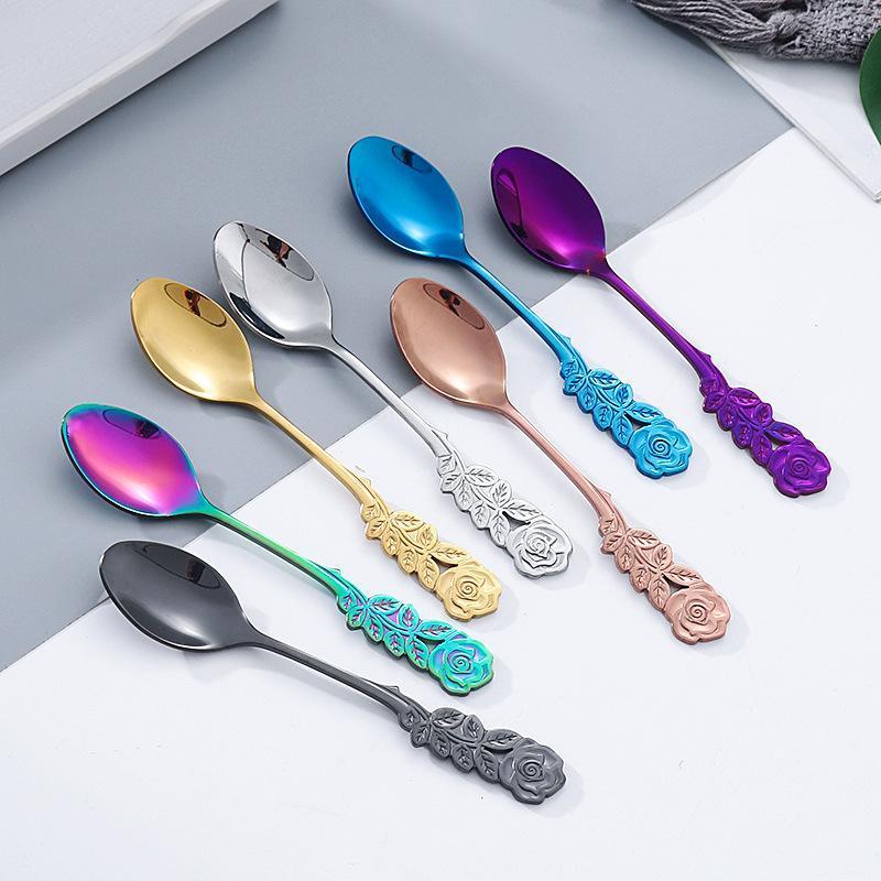 Stainless Steel Rose Spoon Flower Handle Coffee Tea Spoon Colorful Dessert Ice Cream Stirring Spoon Kitchen Tableware