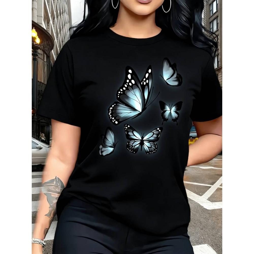 Women Crew Neck Short Sleeve T-shirt Gradient Butterfly Graphic Tee Casual Loose Daily Wear Ladies