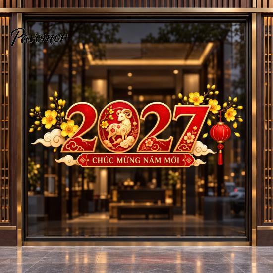 Lunar New Year Window Decals 2027 Vietnamese Cling, Sheep PVC Glass Party Decorations Sticker, Decorative Stickers for Home Shop Festive Holiday