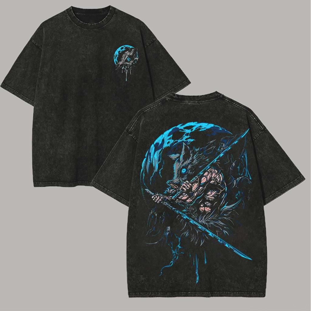 

Manga Demon Slayer Inosuke Printed T-shirt Men Women Clothing Cotton T Shirt Vintage Washed Short Sleeve Tees S