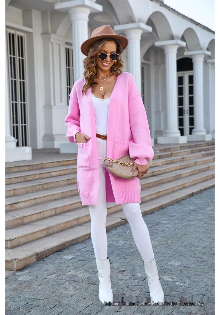 2026 Autumn/Winter European & American Women's Knit Solid Color Pocket Mid-Length Fashion Sweater Coat