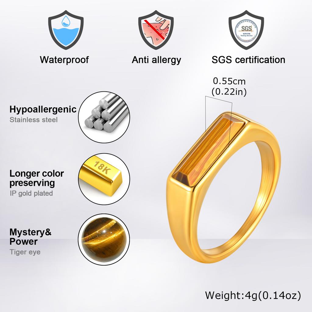 Vintage Square Natural Stone Signet Ring for Men, Minimalist Gold Plated Stainless Steel Rings, Fashion Jewelry Gift to Father