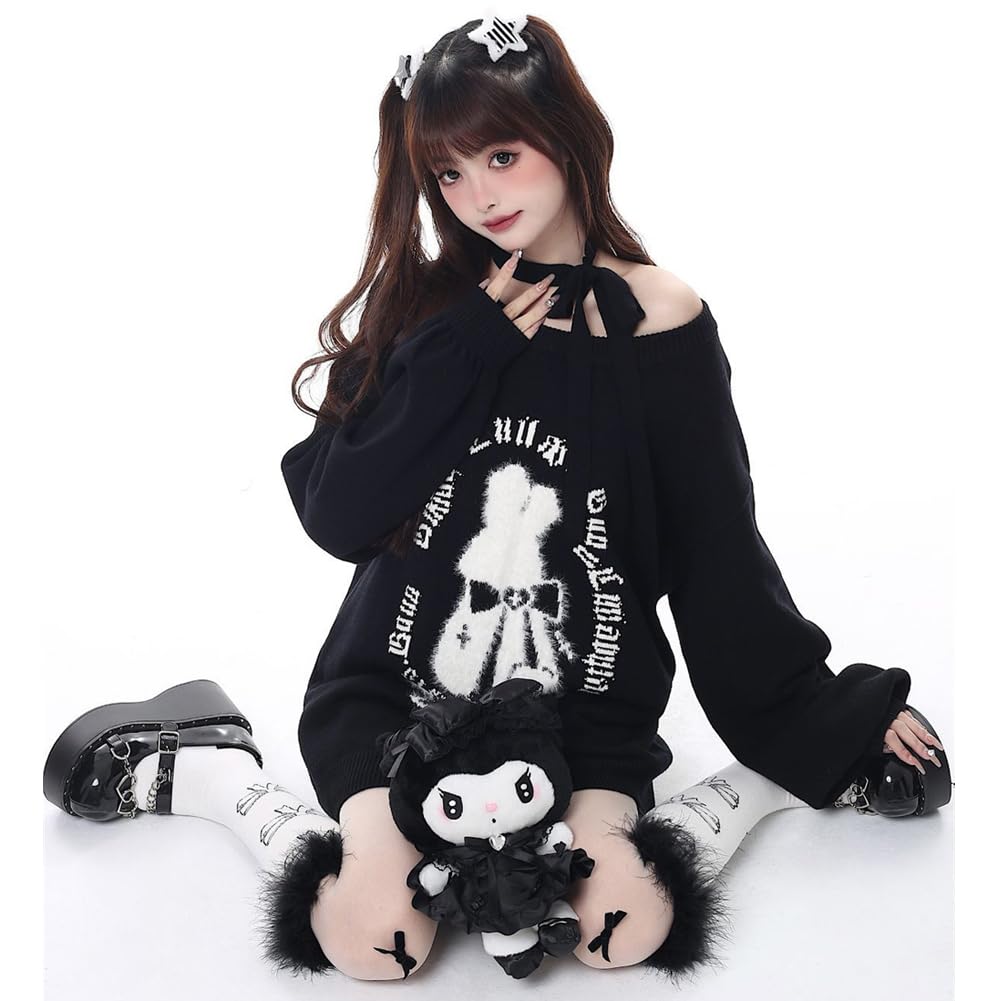 [SDSXZWG] Women's Long-Sleeved Sweatshirt with Print and Ribbon, Loose Fit, Stylish, Gal, Lolita, Cut and Sew Pullover, Schoolgirl Style, Commuting We