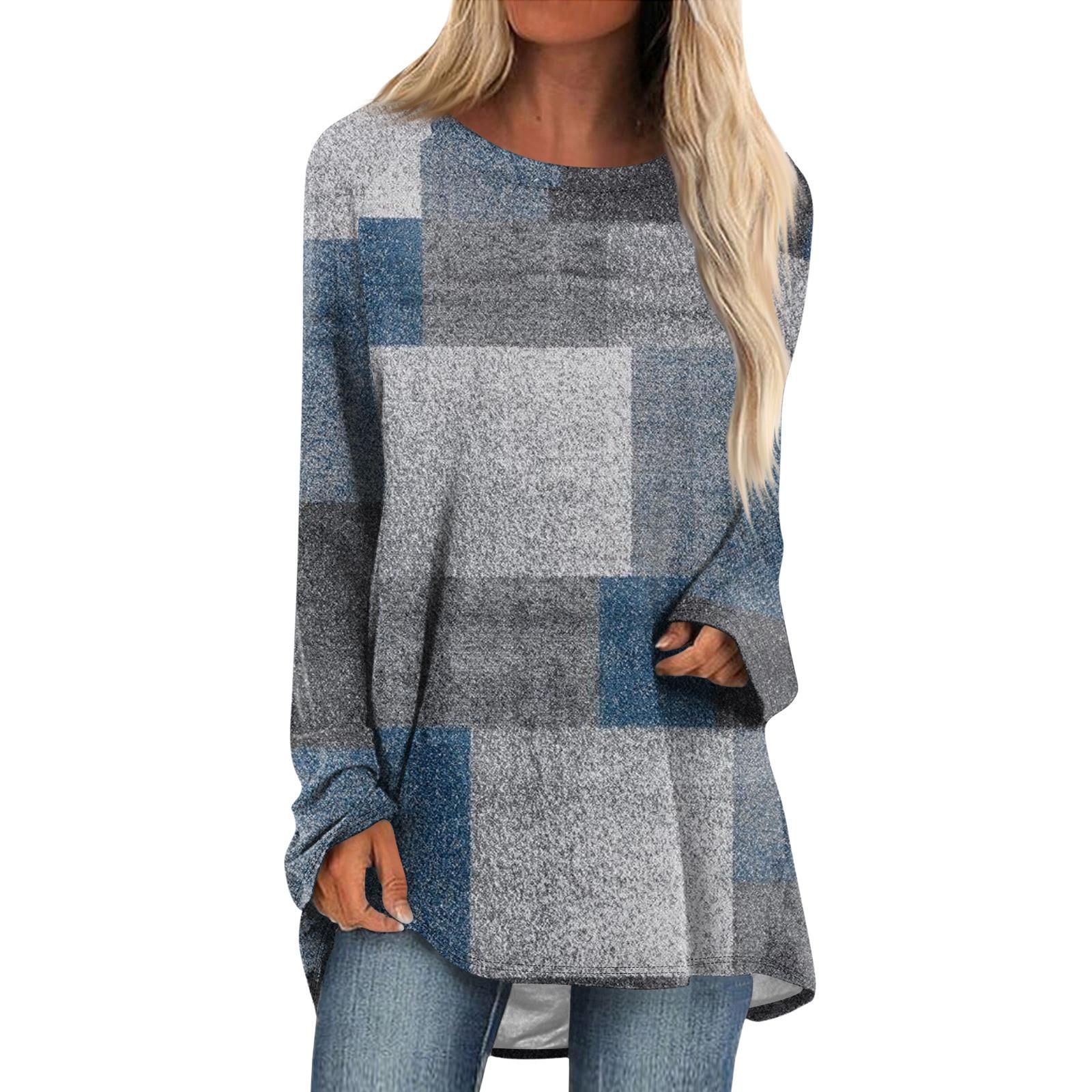 

Модные женские повседневные топы с длинными рукавами и круглым вырезом с принтом L синий