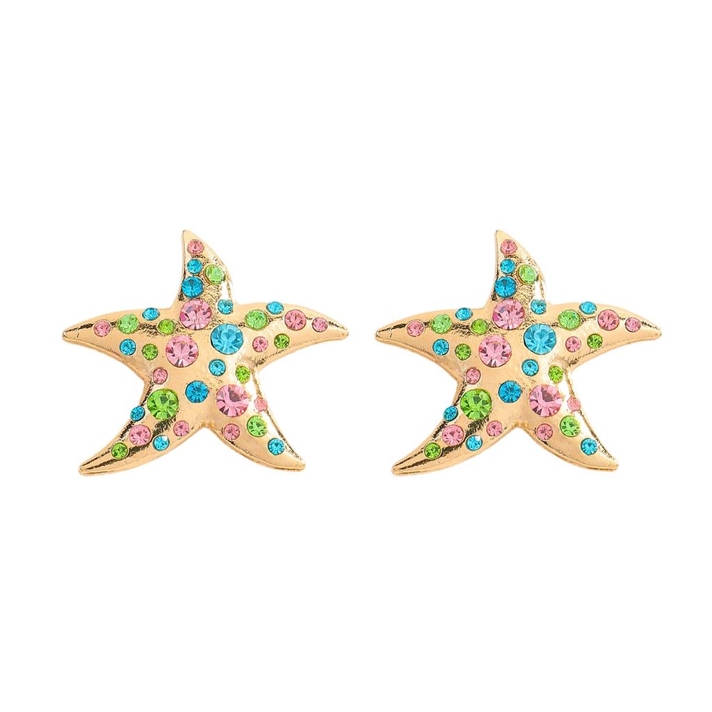 Diamond-set Starfish Earrings, Colorful Rhinestone Fashion Light Luxury Earrings, High-end Flower Simple Stud Earrings, Women