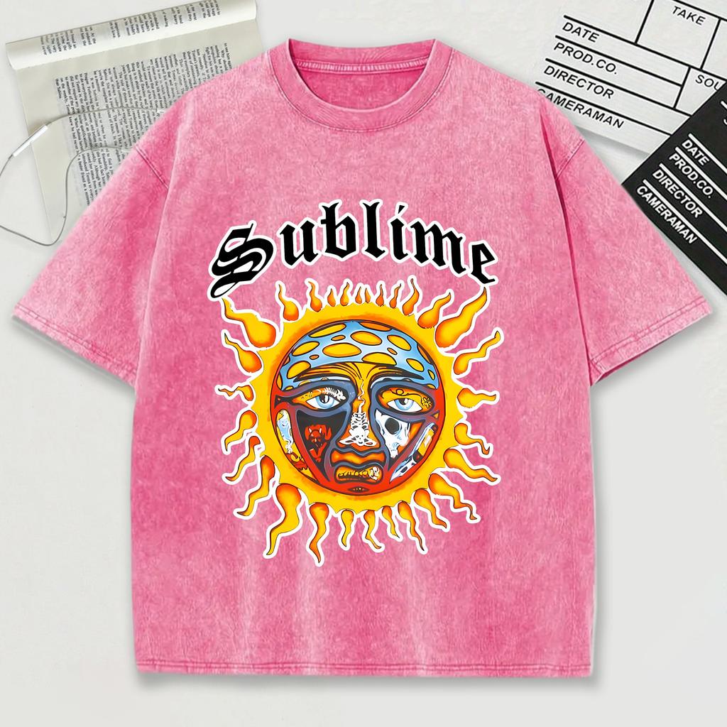 The Sun In Sublime Full Of Holes And Wounds Design Retro Herren T-Shirt Washed Cotton T-Shirt O-Ausschnitt Kurzarm Unisex Top