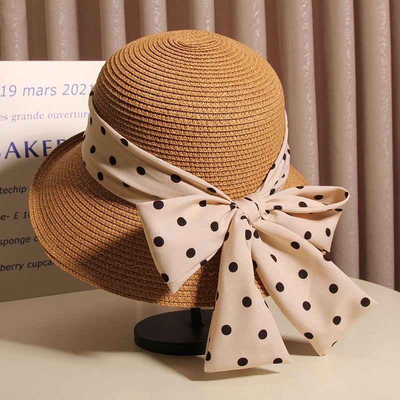 Polka Dot Straw Sun Hat Bowknot Wide Brim Casual Sun Protection Hats Stylish Breathable Foldable Beach Hat for Women