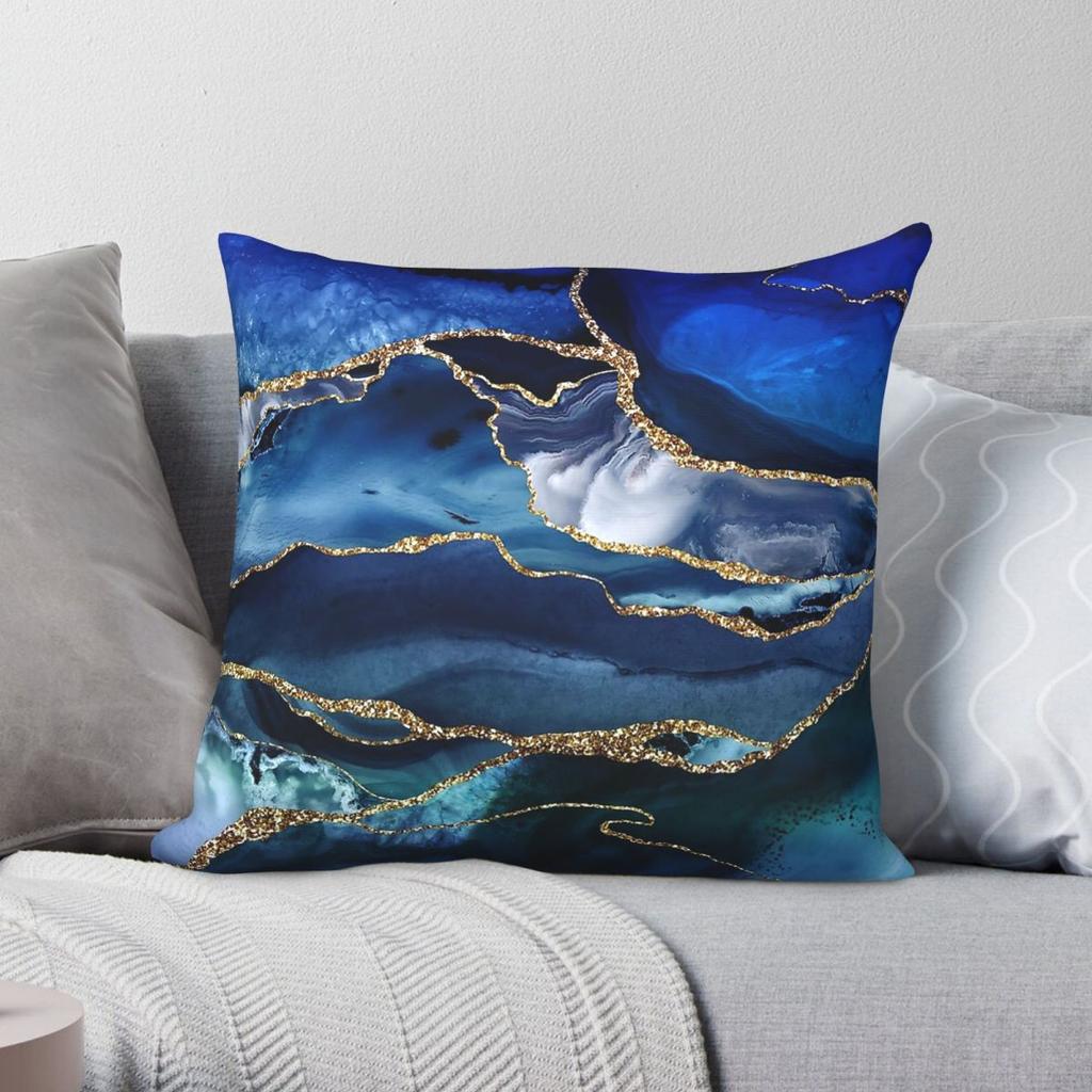 Faux Blue Malachite Marble Square Pillowcase Polyester Linen Velvet Pattern Decorative Throw Pillow Case Car Cushion 18"