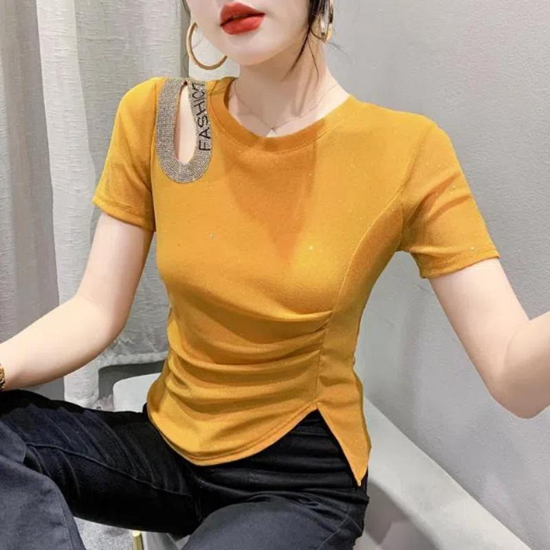 

Новые летние женские однотонные пуловеры с О-образным вырезом, коротким рукавом, приталенного силуэта, с ажурным узором в виде ромбов, модные, удобные, подходящие ко всему топы S жёлтый