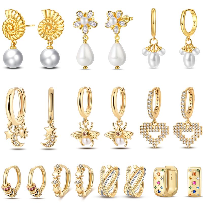 Women's 925 Silver Classic Gold Pearl Inlaid Earrings Elegant Suitable For Engagement Wedding Party Exquisite Jewelry