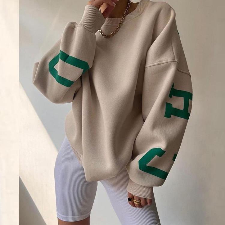 Stylish Loose Thick Long Sleeve Top Women Casual Print Pullover Sweatshirt