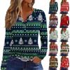 Women's Casual Christmas Print V-Neck Long Sleeve T-Shirt with Button
