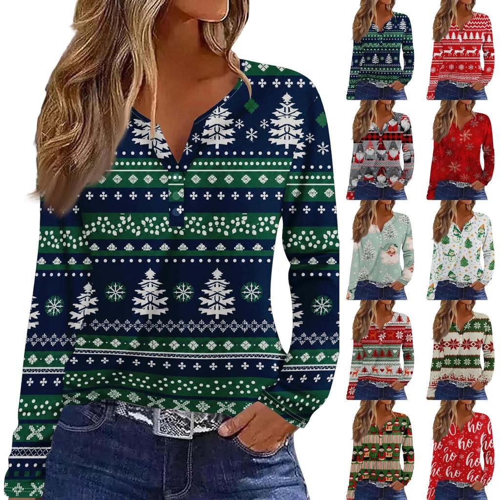 Women's Casual Christmas Print V-Neck Long Sleeve T-Shirt with Button