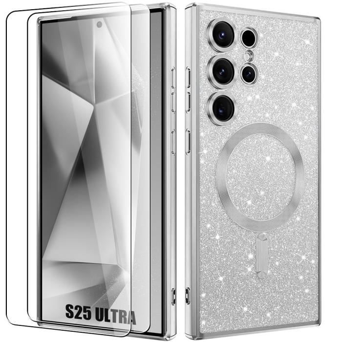 Coque + 2 Verres Trempés pour Samsung Galaxy S25 Ultra, avec Cercle Magnétique Protection Caméra - Silicone Argenté