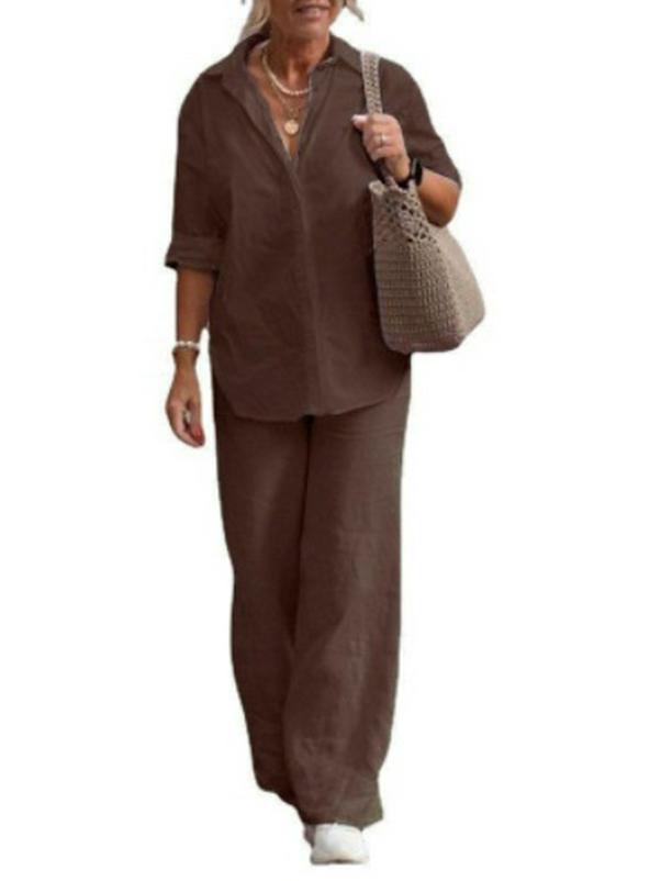 2023 Women's European & American Lapel Two-Piece Set: Long-Sleeve Shirt & Wide-Leg Pants for Spring & Autumn