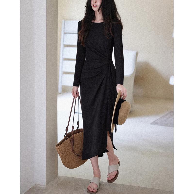 Demana Women's Tie-Waist H-Line Long-Sleeve Knit Dress