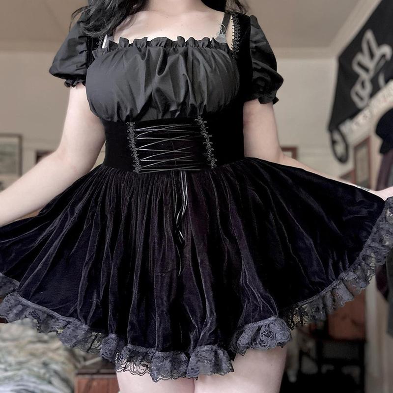 Gothic Vintage Black Lace Up Skirt Girl Croset Velvet Party Mini Skirts Streetwear