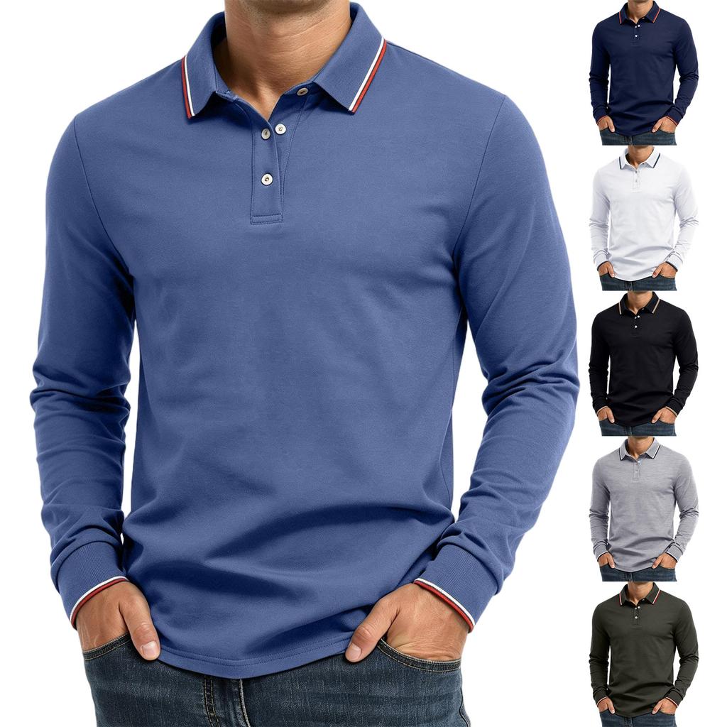 Men's Long Sleeve Polo Shirt Classic Solid Color Button Down Collar Slim Fit Casual Top for Everyday Wear Comfortable Fabric