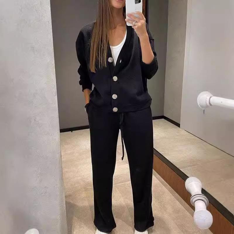 

Женский повседневный спортивный костюм Свободный кардиган с V-образным вырезом и брюки широкого кроя цвета хаки, оливково-зеленый, черный S чёрный