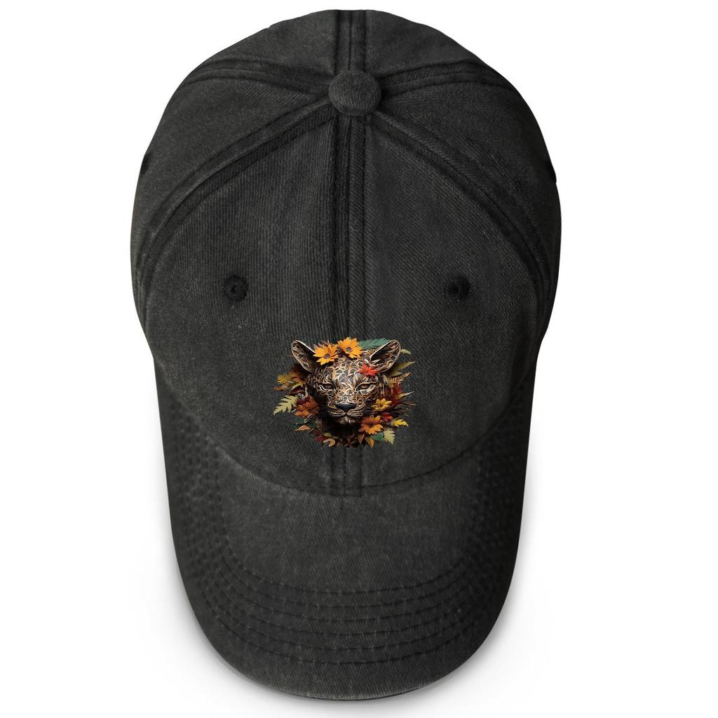 Black Leopard Print Adjustable Sun Hat, Animal Dad Hat Inelastic Casual Solid Color Lightweight Snapback Baseball Hat