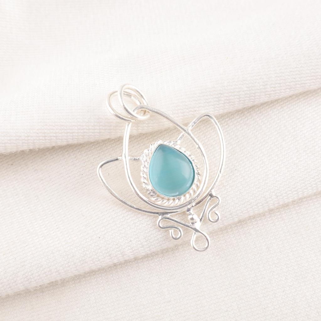 Blue Cat's Eye Gemstone Pendant, 925 Sterling Silver Pendant Jewelry, Handmade Jewelry Pendant, Everyday Jewelry Gift For Women