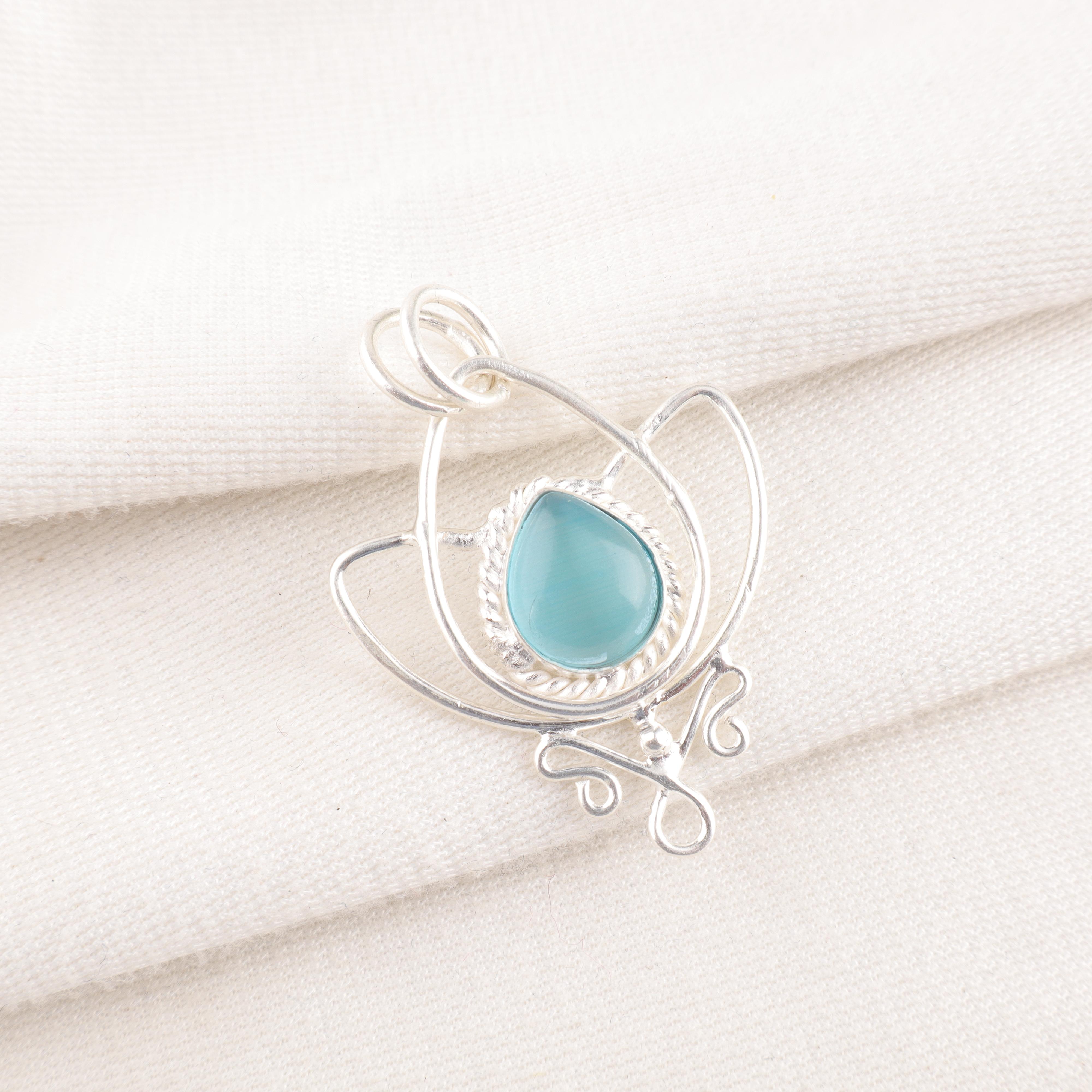 

Blue Cat s Eye Gemstone Pendant, 925 Sterling Silver Pendant Jewelry, Handmade Jewelry Pendant, Everyday Jewelry Gift For Women 1.44 inches синий