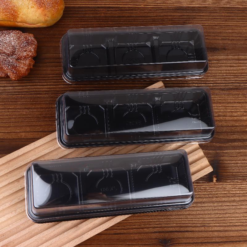 50Pcs Black 3 Grid Pastry Packaging Box With Lid Cake Roll Pastry Takeaway Freshness Boxes Food Grade Baking Dessert Case