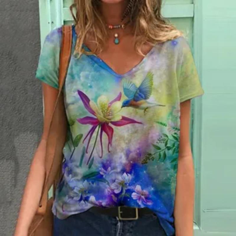 Summer V-neck 3D Ink Painting Flower Patterns Printed Top Fashionable Casual Short Sleeved Women's T-shirts