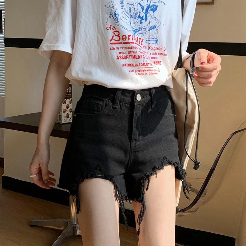 

Брюки классические и минималистичные модные универсальные женские летние с высокой талией свободные тонкие необработанные края широкие джинсовые шорты A Word индивидуальность 5XL чёрный