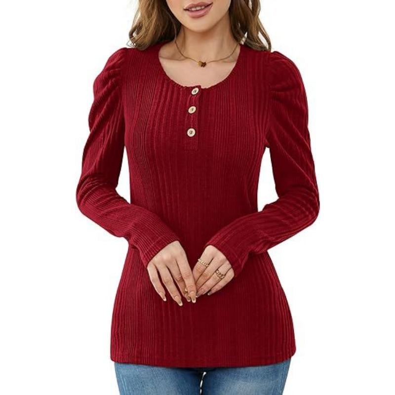 YYFS Women's Fashion Casual Spring Fall Solid Color Print Long Sleeve U-Neck Blouses & Shirts