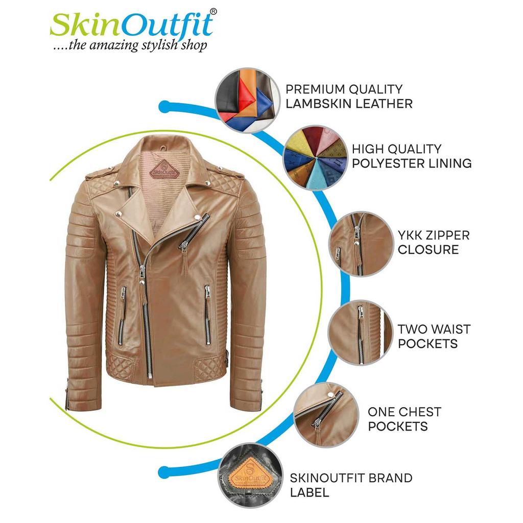 SKINOUTFIT Men's Motorcycle Leather Jacket Genuine Camel Beige Lambskin Café Racer Biker Outerwear