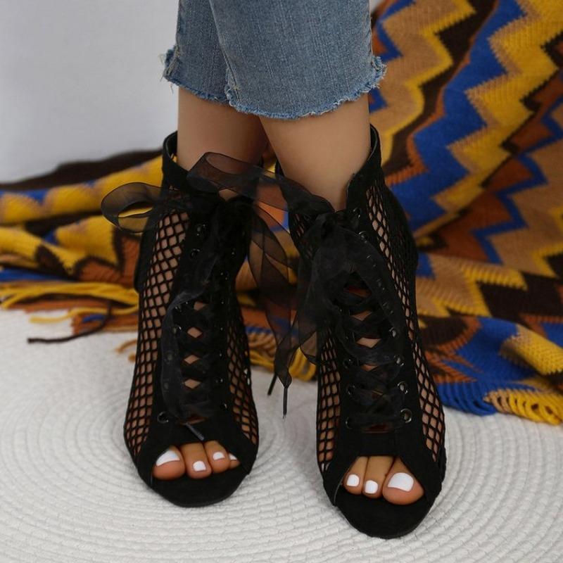 Women's Fashion Stiletto Sandals Summer New Round Head Front Lacing Net Fabric Hollow-out Anti-slip Wear-resistant High Heels