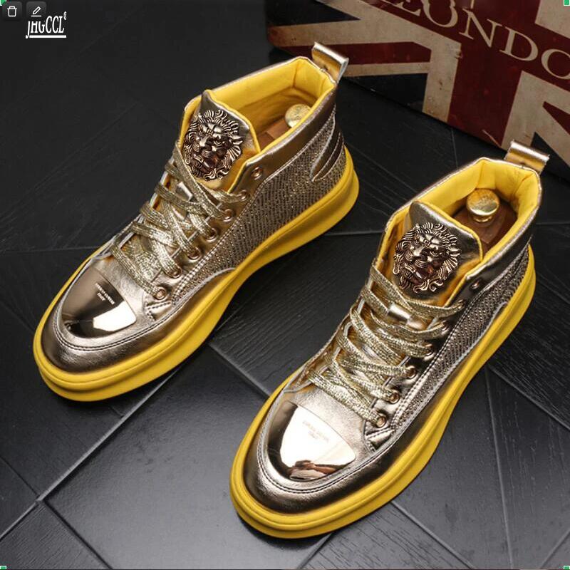 Fashion Golden Shining Luxury Rhinestone High Tops Zip Men Sneakers Punk Casual Shoes A4