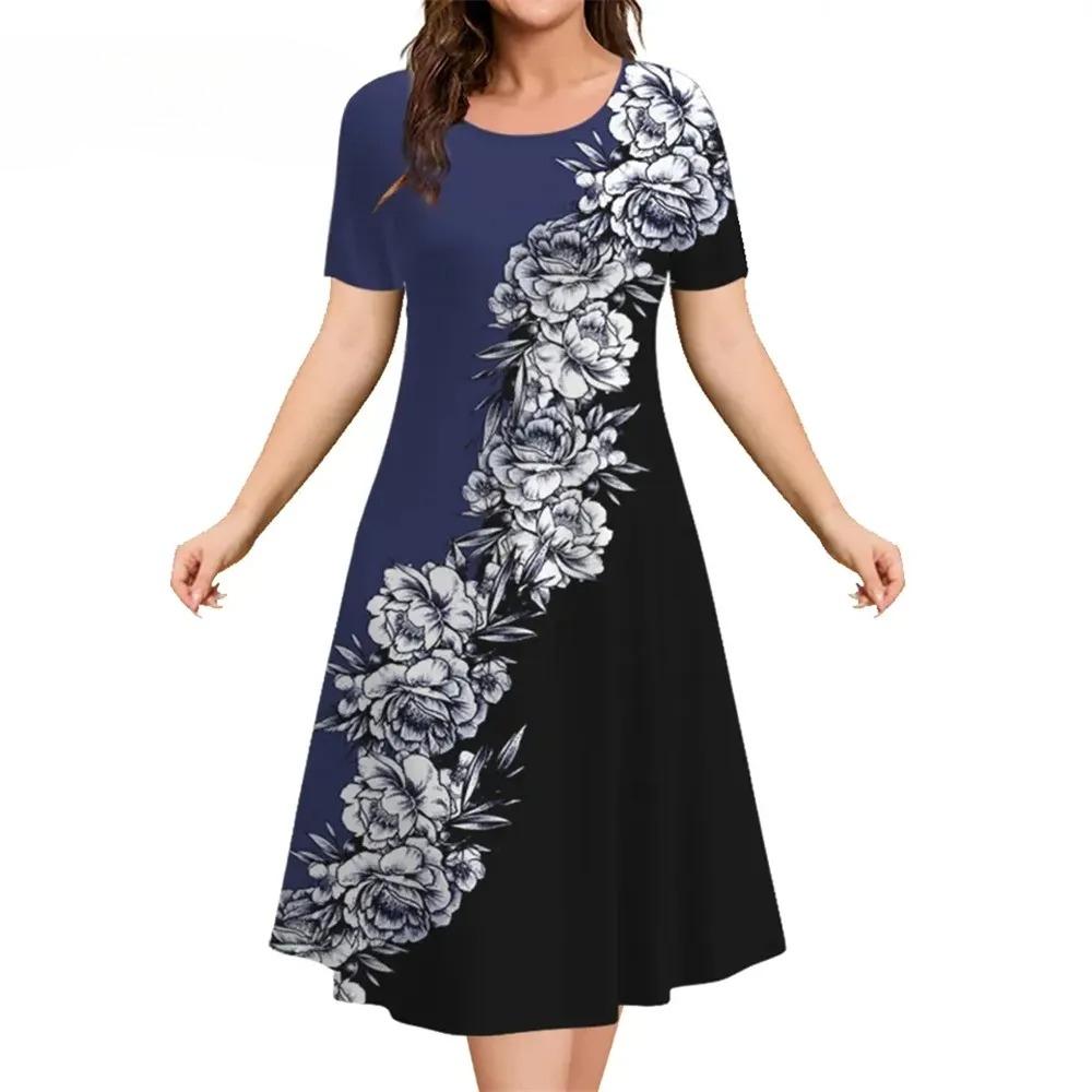 Loose Plus Size Dresses Women Flowers 3D Print Casual Summer Retro Short Sleeve Elegant Mini Dress
