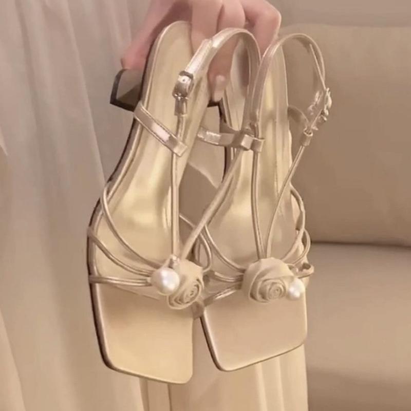 New Party Sandals Women 2025 Female Shoes Buckle Strap Women's Sandals Pearl Floral Square Toe High Heels Shoes Women
